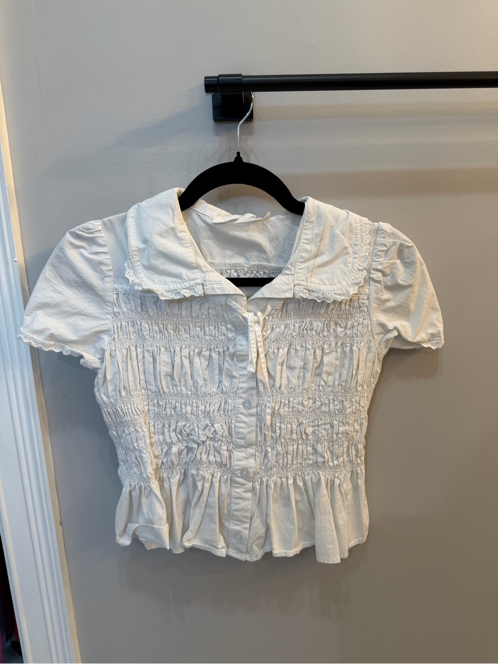 Altar’d State White Smocked Short-Sleeve Button-Up Blouse